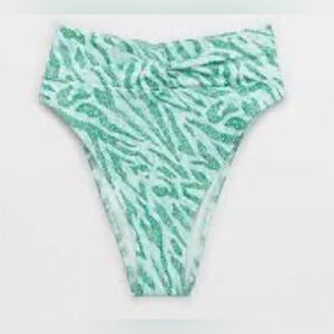 NWT Aerie Twist Front High Waist High Cut Cheeky Bikini Bottom Aqua Zebra - XS
